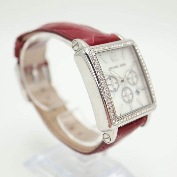 Michael Kors Silver Tone Square 33mm MOP Chronograph Watch Red Alligator Strap main image 7